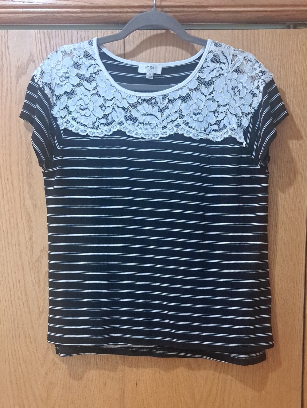 Umgee Black & White Lace Yoke Striped Short Sleeve Tee